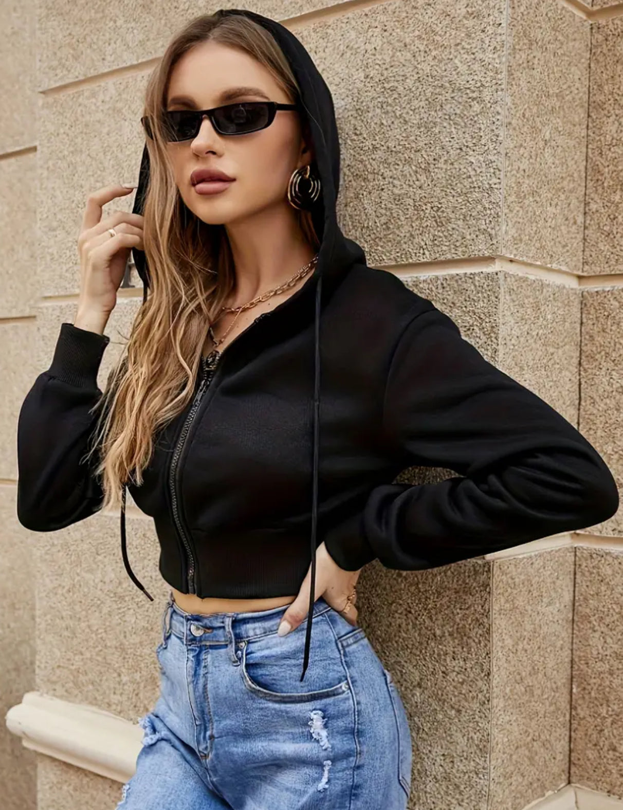 Black “Angel” Casual Drop Shoulder Long Sleeve Hoodies Sweatshirt, Zipper Front