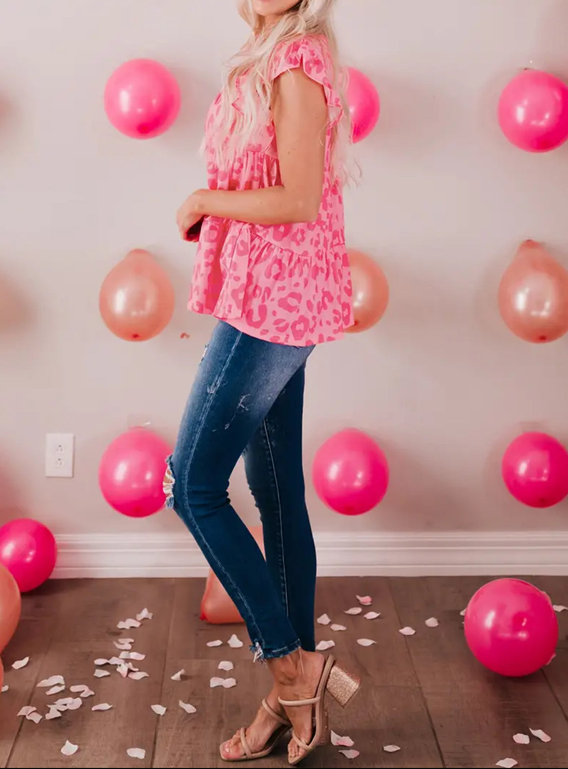 Leopard Print Crew Neck Tank Top, Elegant Sleeve Ruffle Trim 💕 Posh Mommies Collection