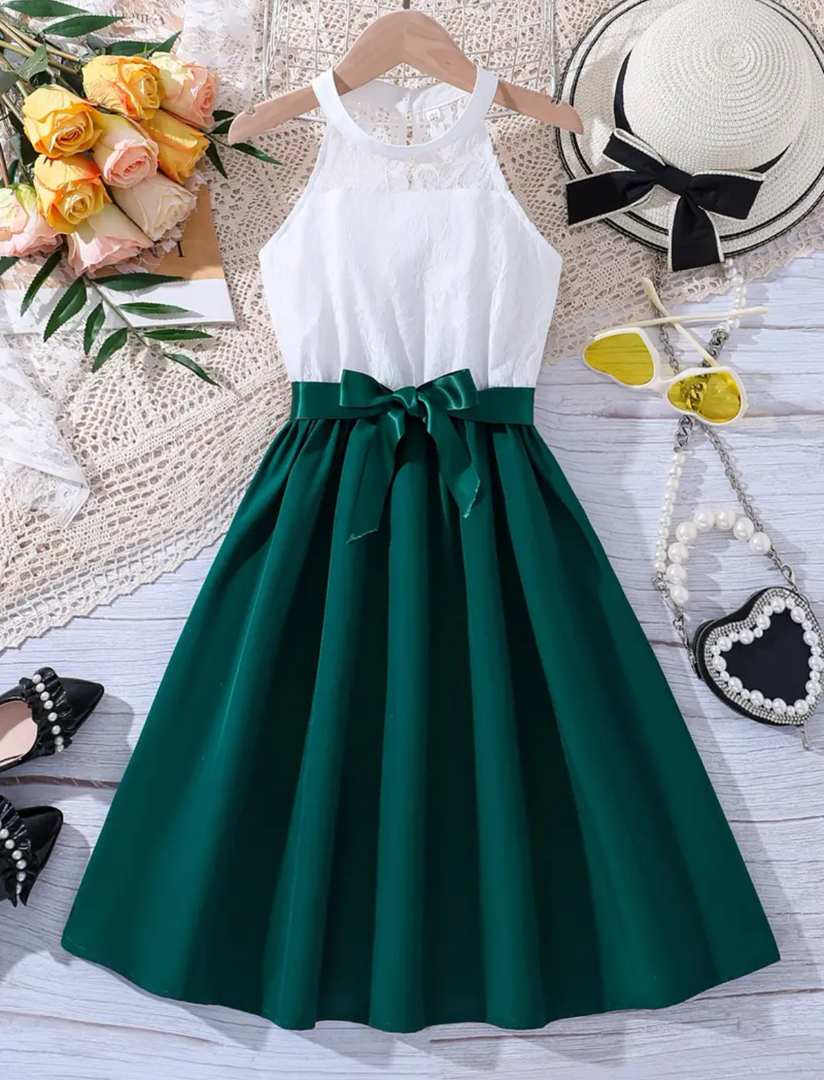 Elegant Girls Halter Neck Sleeveless Dress With Bow Belt