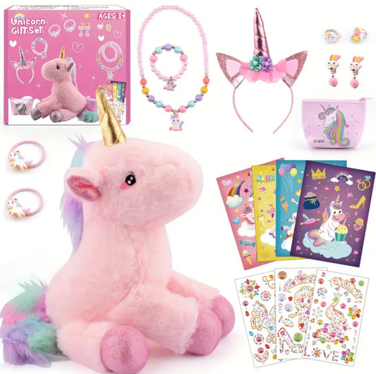 “Unicorn Gift Box” 17 Pcs with Unicorn Plush, Necklace & Jewelry + Coloring Activities