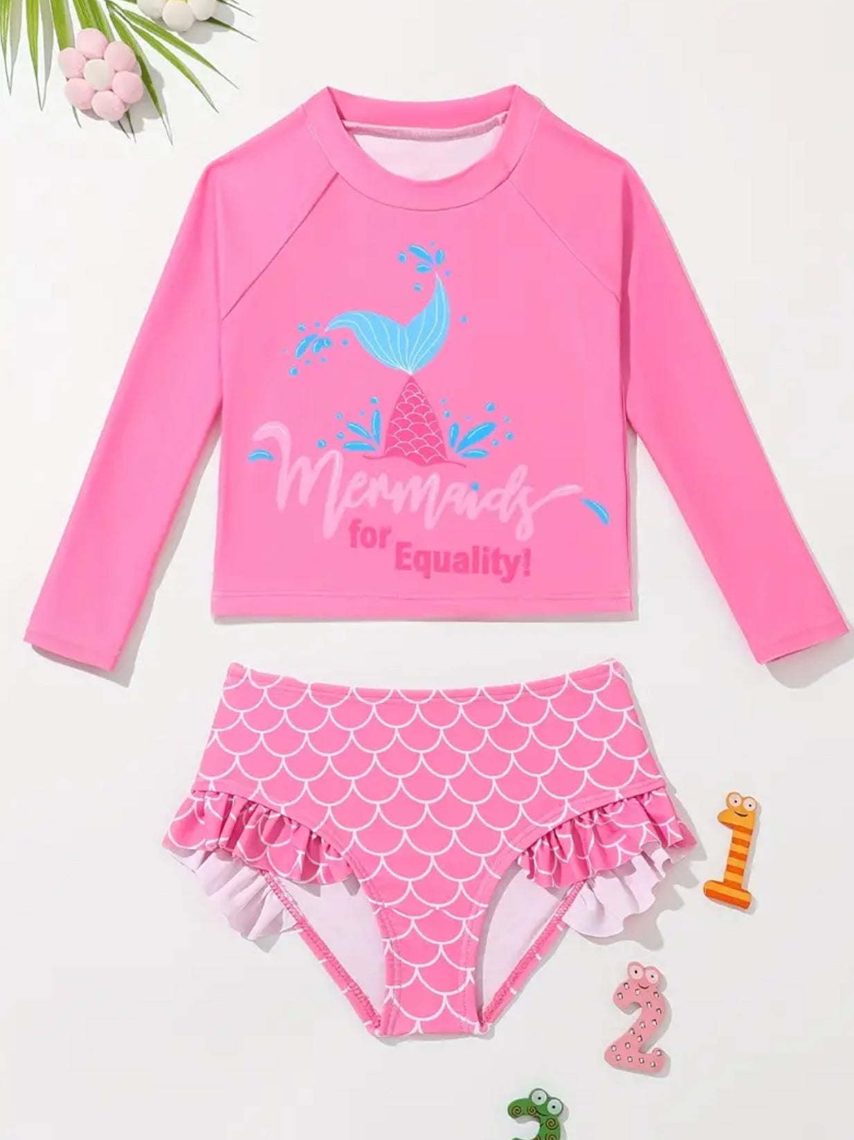 Trajes de baño de 2 piezas para niñas pequeñas, top de sirena y pantalones cortos con estampado de escamas de pez