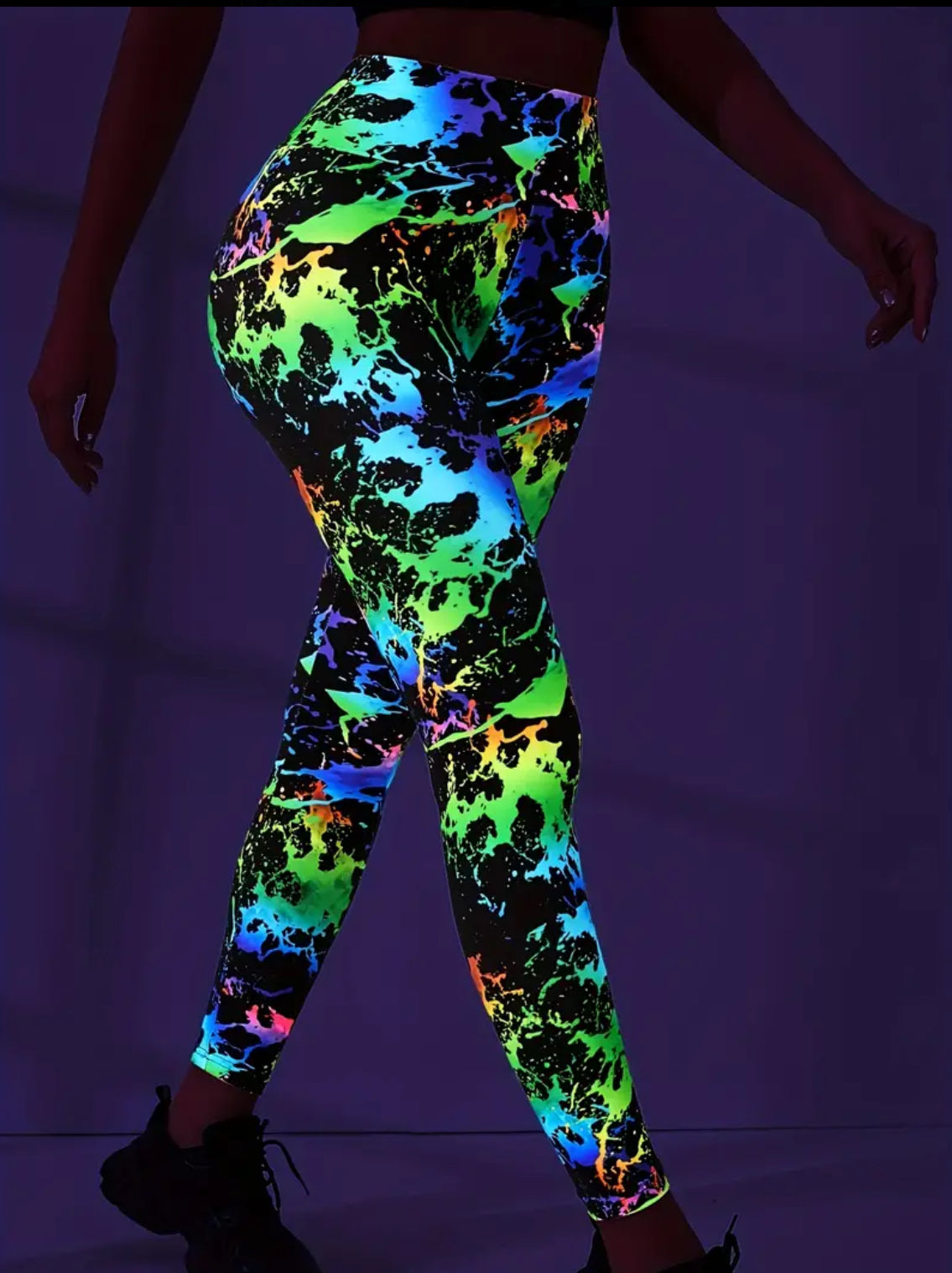 High-Waist Fluorescent Print Leggings, Yoga Butt Lift Pants, Breathable Sportswear