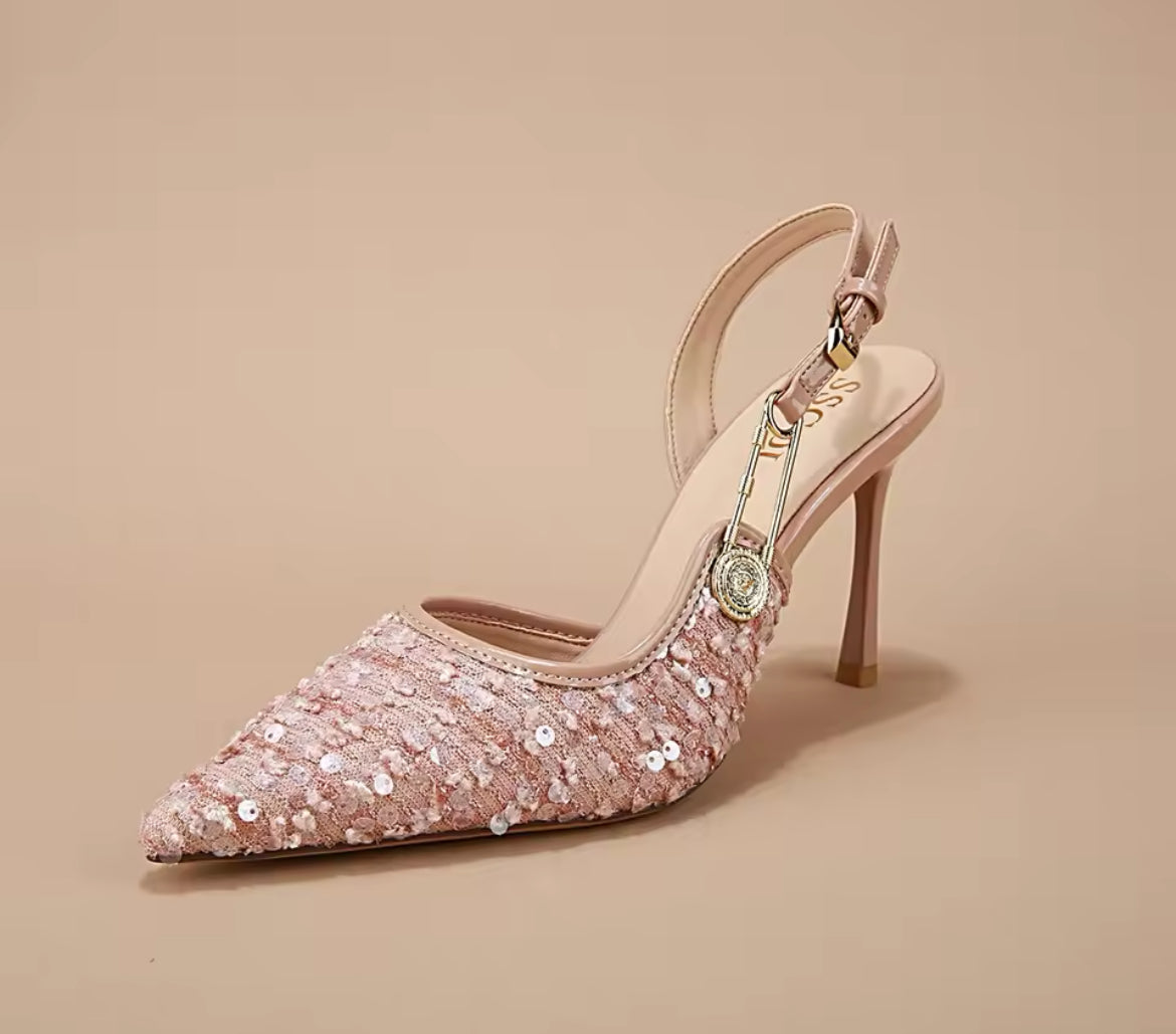 Sequins, kopsë metalike, Slingback, sandale me taka me majë