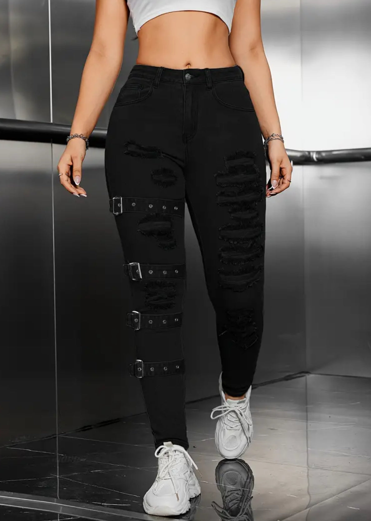 Adjustable Buckle , High-Waist Stretchy Skinny Jeans With Ripped Detailing, Street Style Fashion