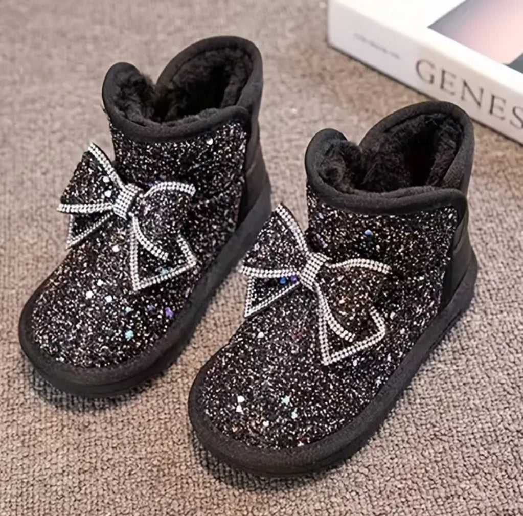 Girls 🌷 Boots with Sparkling Rhinestones - Warm Fleece Lining, Non-Slip Rubber Sole, Easy Slip-On Design