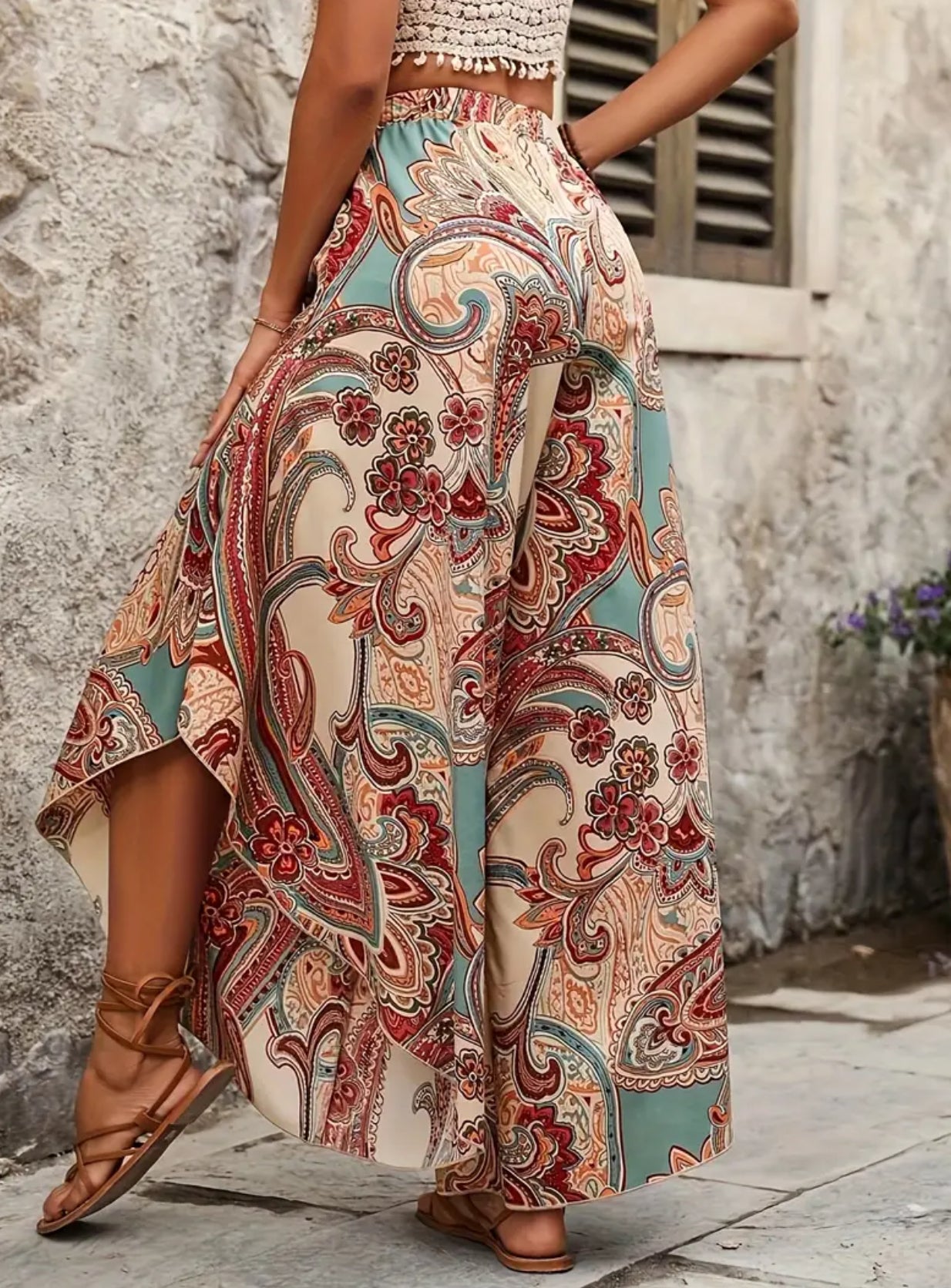 Bohemian Paisley, Wide Leg, Asymmetric Hem Loose Pants