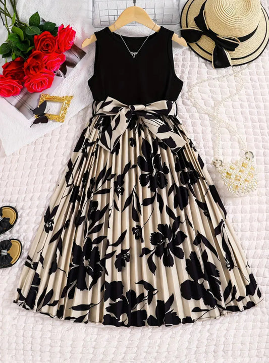 Girls, Floral Pleated Stitching Dress With Belt