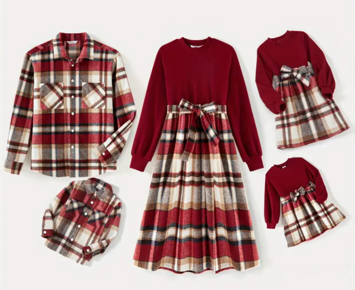 Family Matching Casual Long-sleeve Ribbed Spliced Plaid, My Family & Me Collection