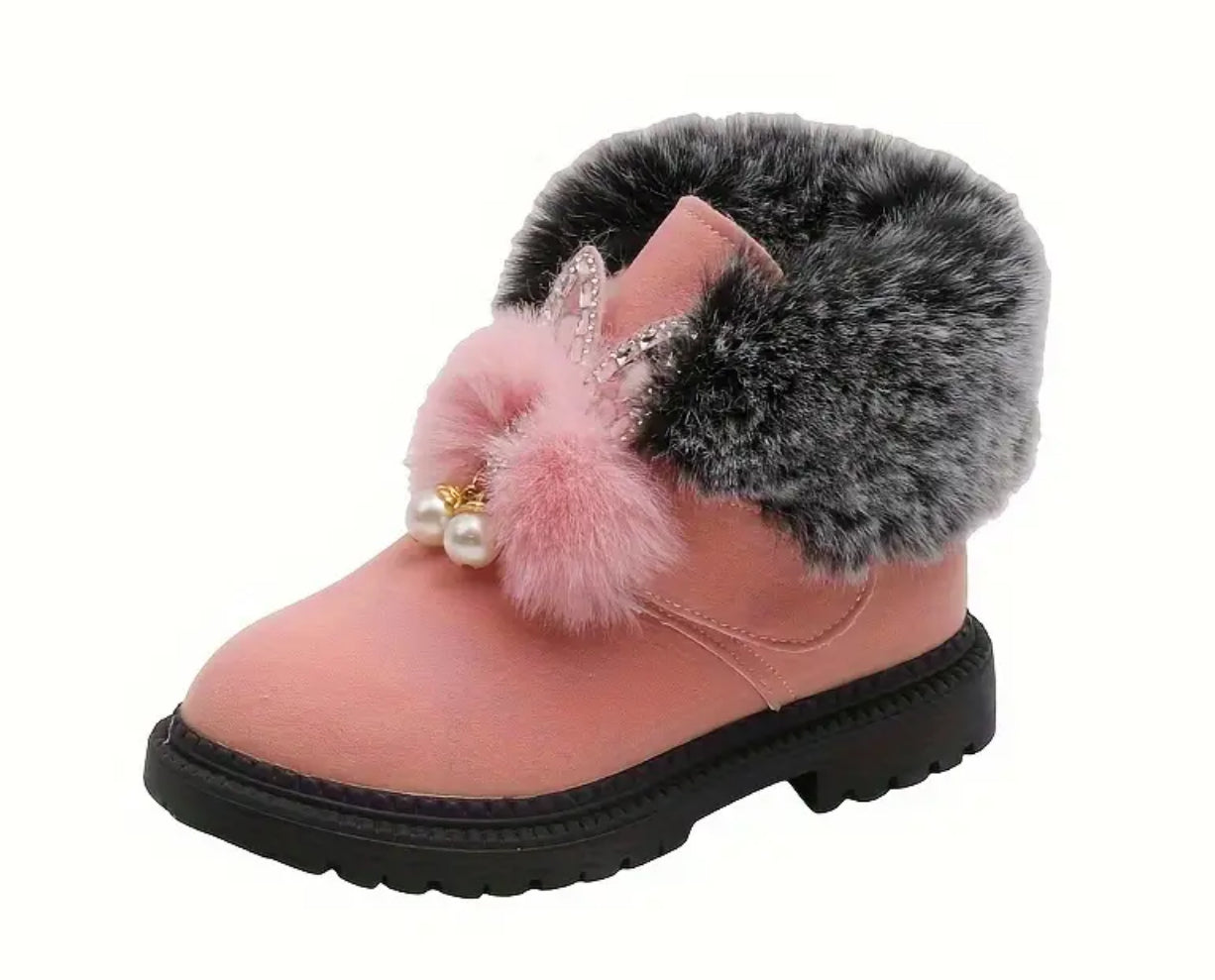 Girls “Bunny Boots” Soft-sole Non Slip Warm Ankle Booties With Fuzzy Lining