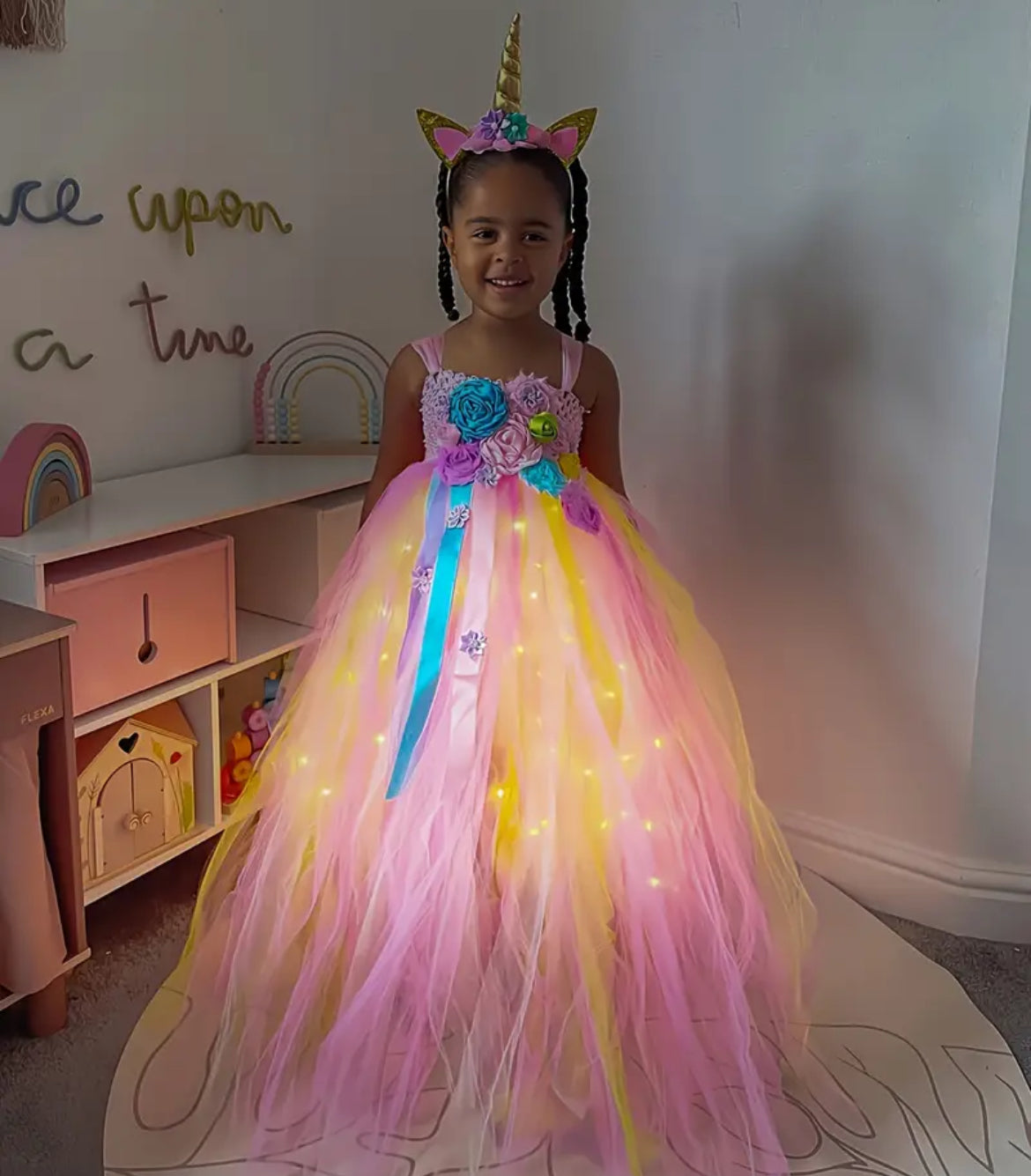 Girls Rainbow Unicorn LED, Fancy Princess Costume TuTu Dress (Batteries Not Included)