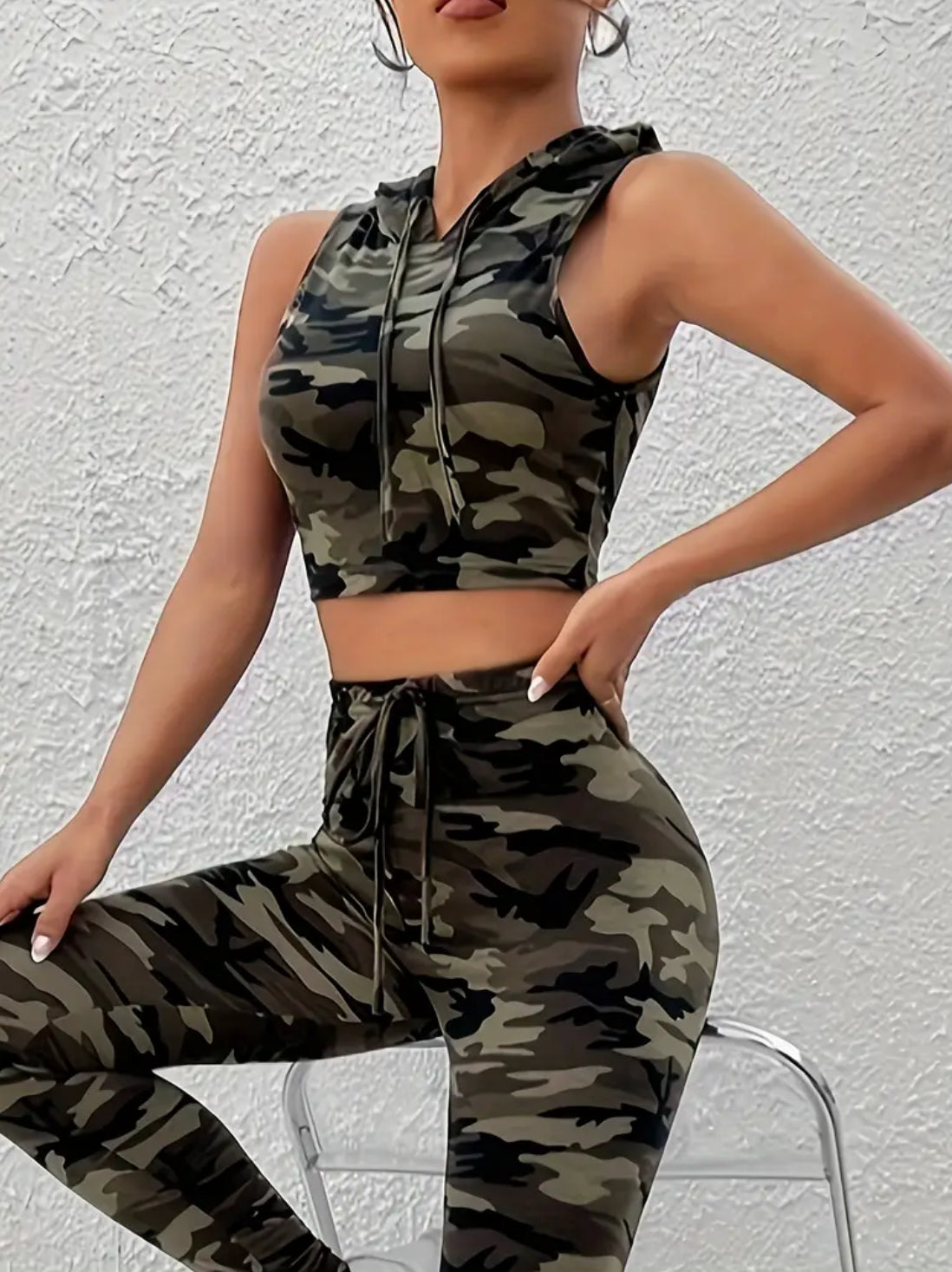 Casual, Sleeveless, Drawstring Camo Hooded Crop Top Only