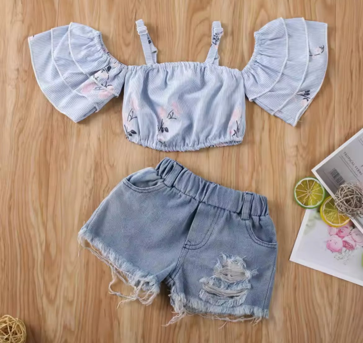 “Summer Baby” 💖 Floral Crop Top + Ripped Denim Shorts