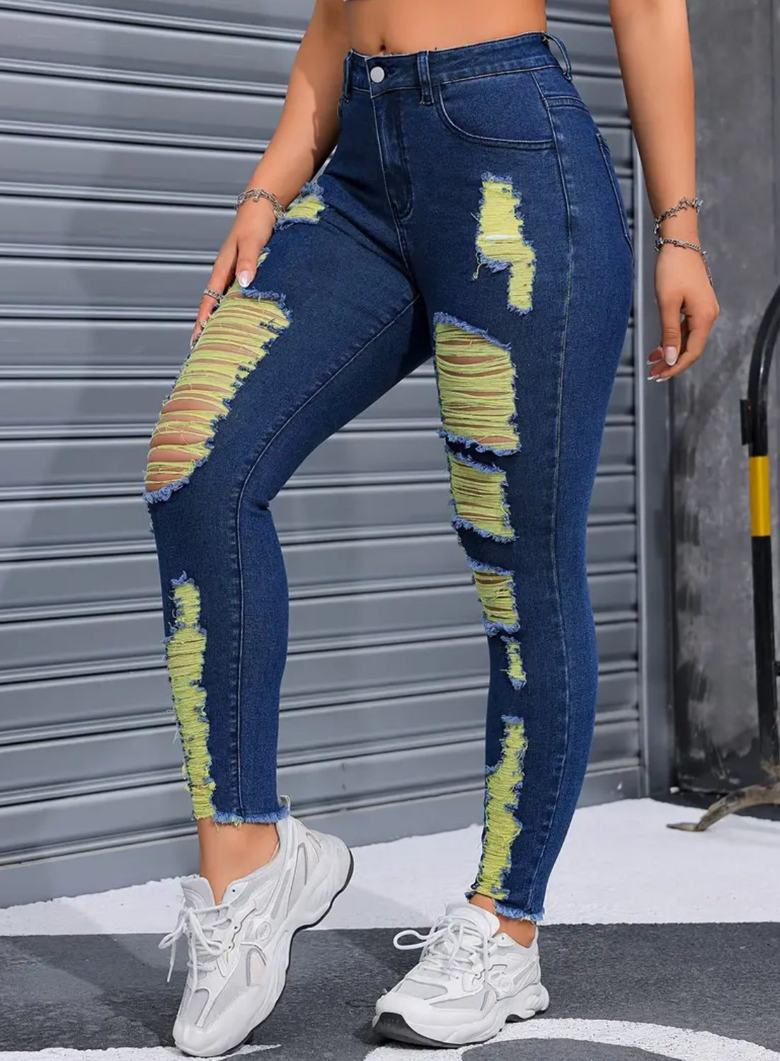 Neon Yellow, Distressed Wash, Mid-rise Waist, Ripped Skinny Fit Jeans