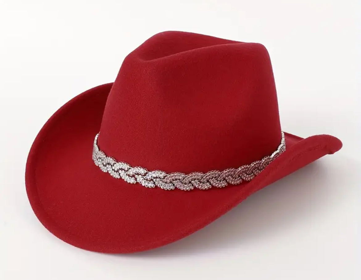 Sombrero de vaquero de fieltro de moda para mujer con banda de diamantes de imitación plateados y detalle de cuentas