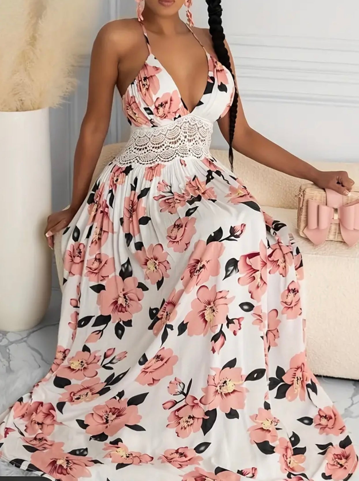 “Backless Delicate Lace” Elegant Sleeveless Plunge Neck Maxi Dress