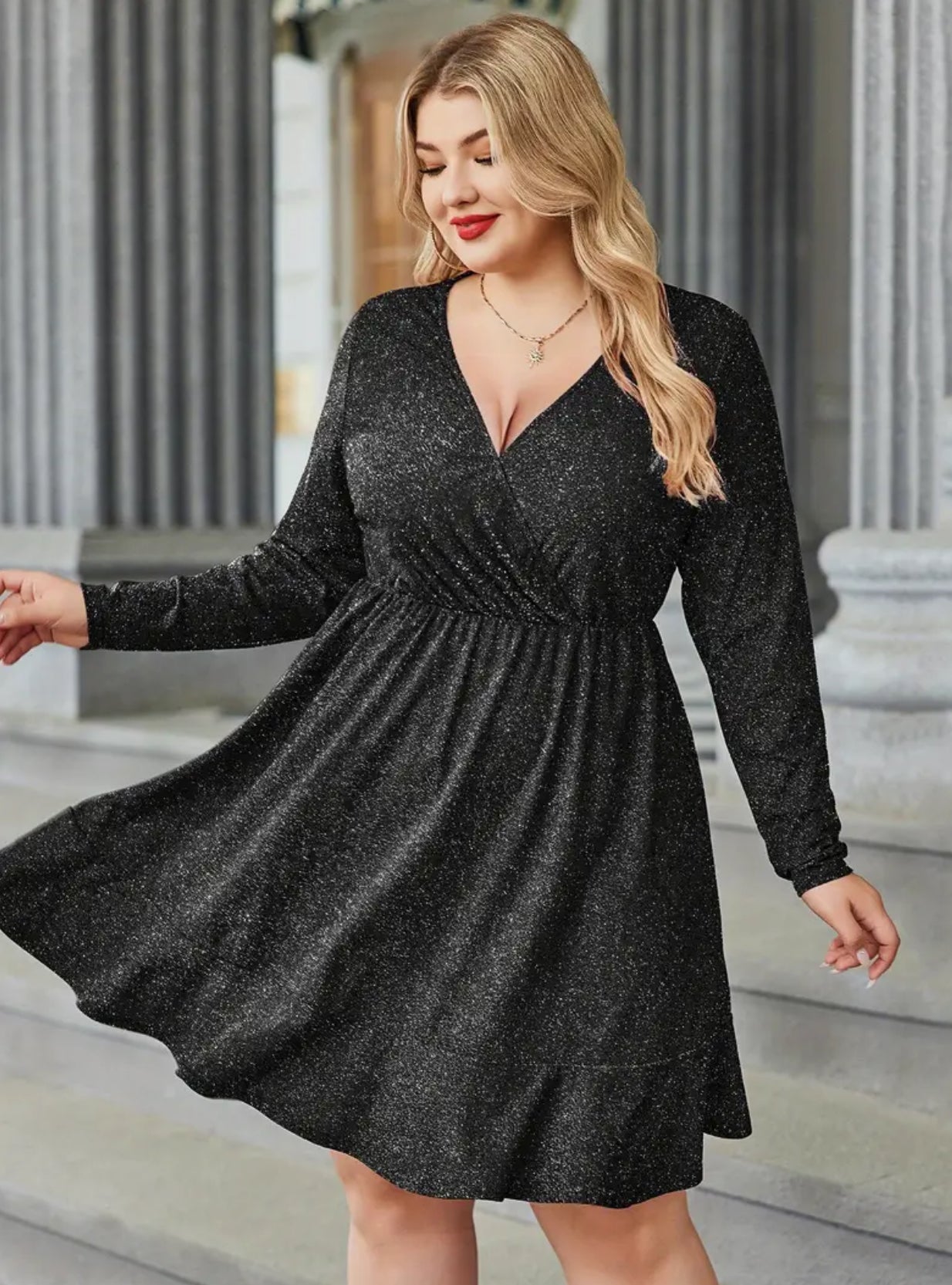 ELESOL  Plus Size Womens Glitter Dress V Neck Long Sleeve Ruffle Hem Swing Club Cocktail Party Dresses