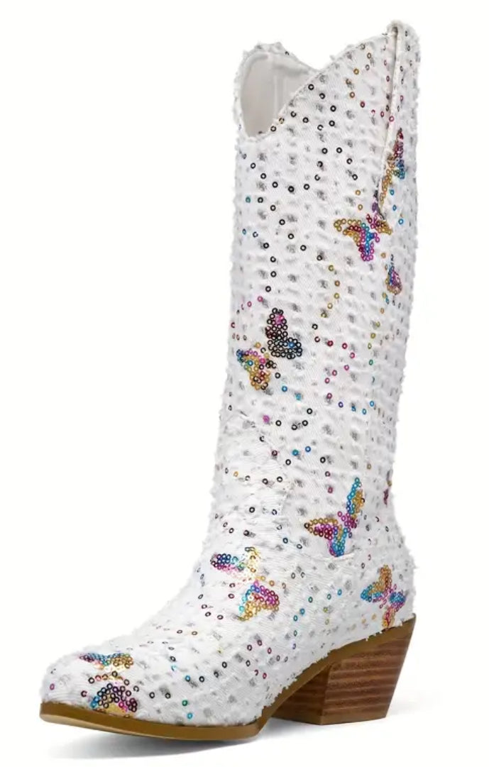 Women's “Sequin & Butterfly” Denim White Cowgirl Boots