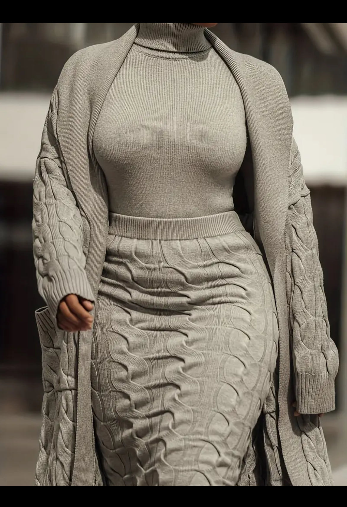 Posh 💋 Mommies Collection, Knitted Elegant Two-piece Set, Open Front Cardigan With Pockets & Turtleneck Sweater & High Waist Skirt