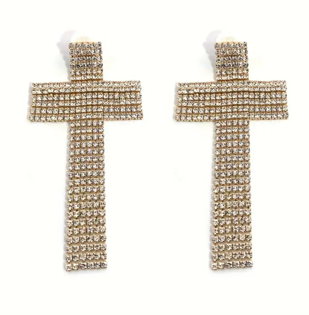 Glamorous Crystal Tassel Cross Dangle Earrings - Sparkling Rhinestone, Stainless Steel