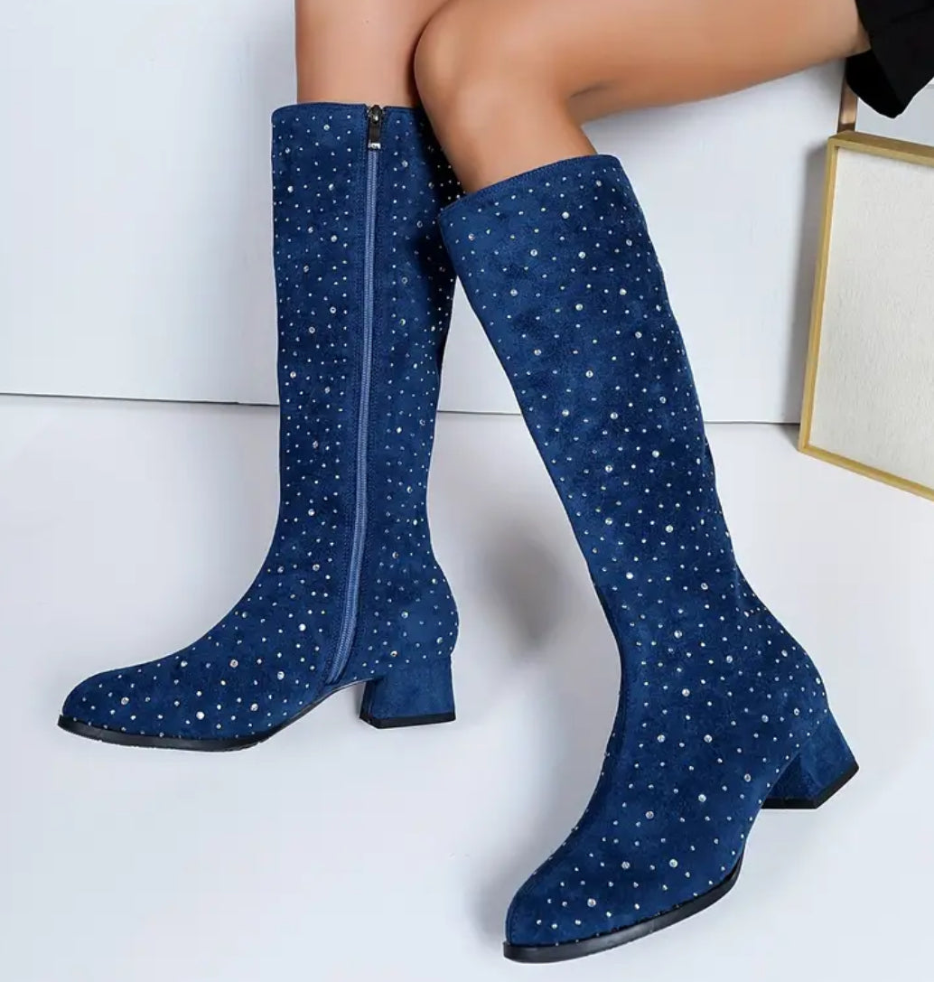 Chic Women's Mid-Calf Boots with Rhinestone Accents