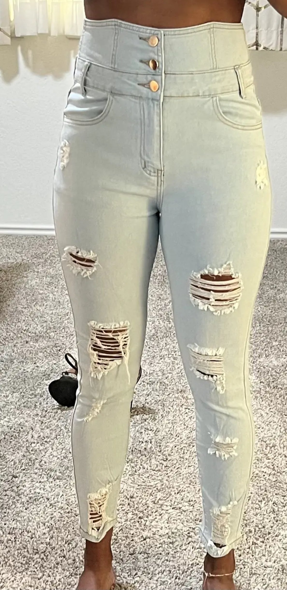 Posh 💋 Ripped Casual Skinny Jeans, Distressed Single-Breasted Button High Waist Denim Pants