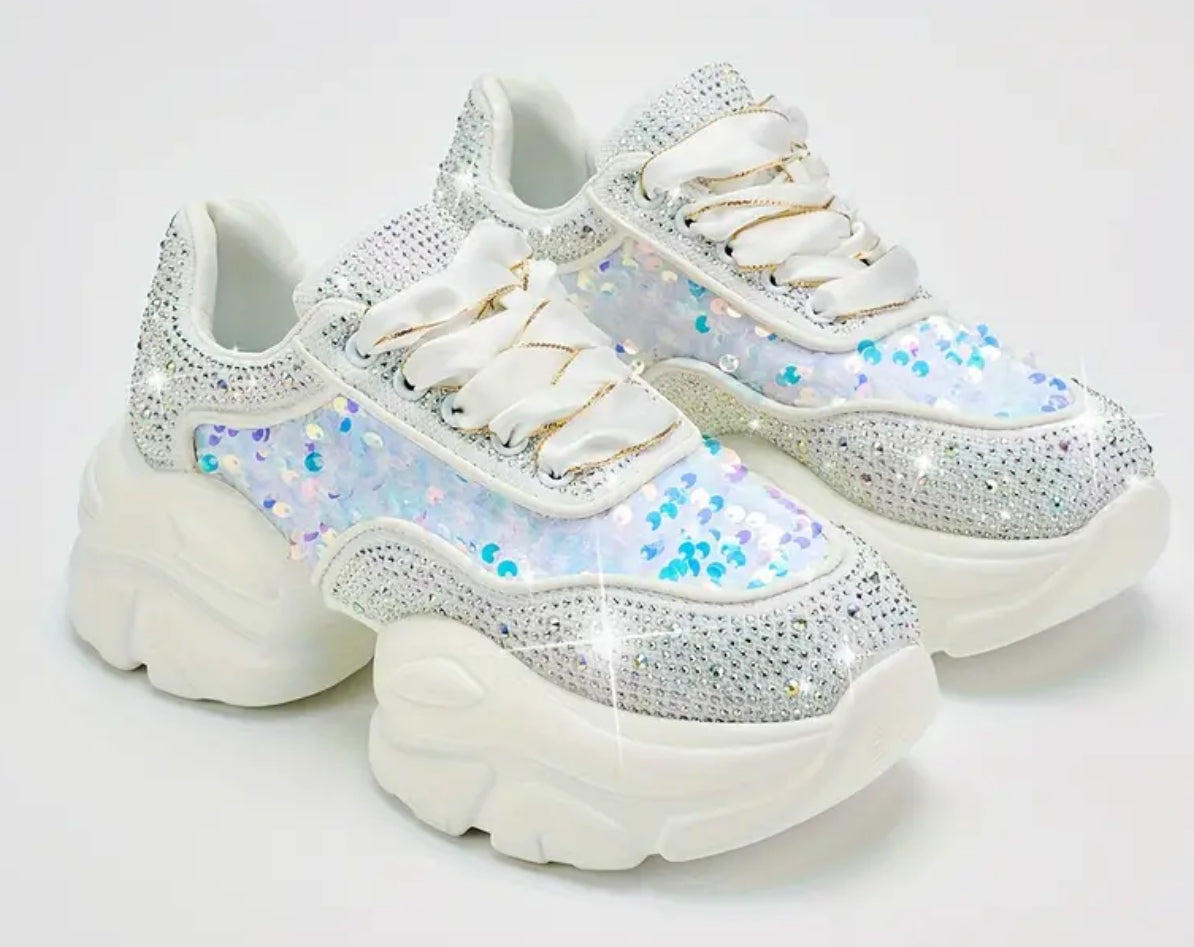 Zapatillas deportivas informales con cuña blanca y lentejuelas brillantes de diamantes de imitación para mujer