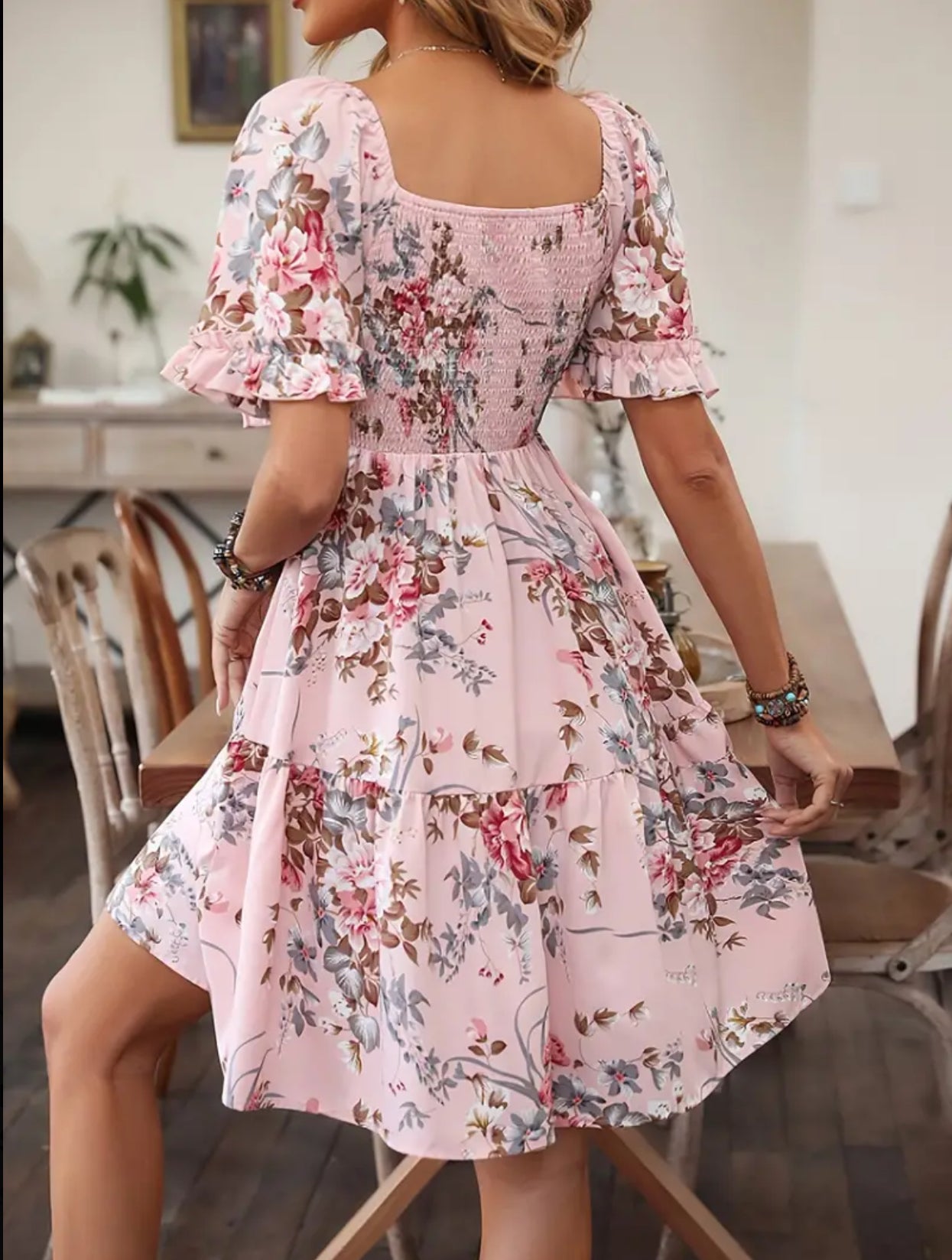 Blush Floral Print Dress with Shirred Waist and Short Sleeves