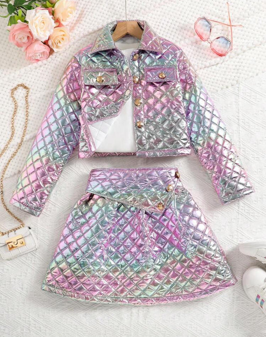 Girls Gradient Metallic Jacket & Mini Skirt