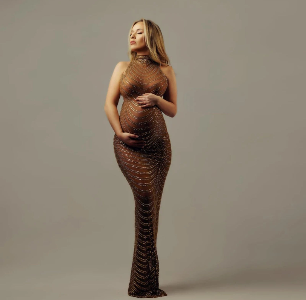 “Goddess” Bodysuit Tulle Beaded  Pregnancy Gown