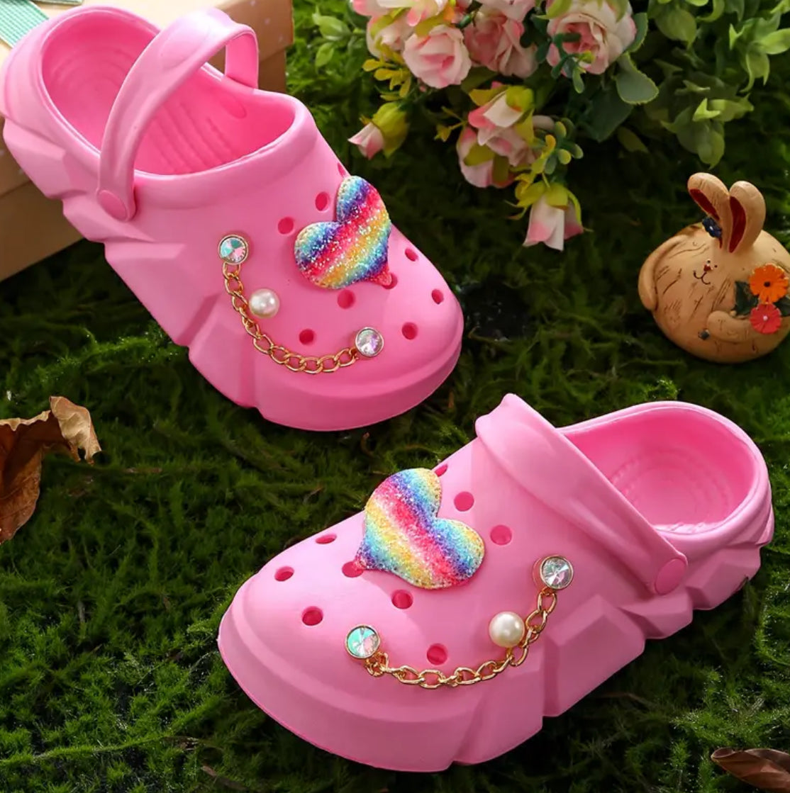 Girls Clogs with Heart Sequin Chain Decor, Water & Slip Resistant