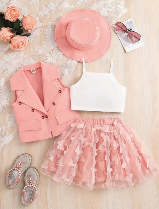 Little Girl Sweet Formal Outfit Lapel Vest Blazer,Top & Skirt