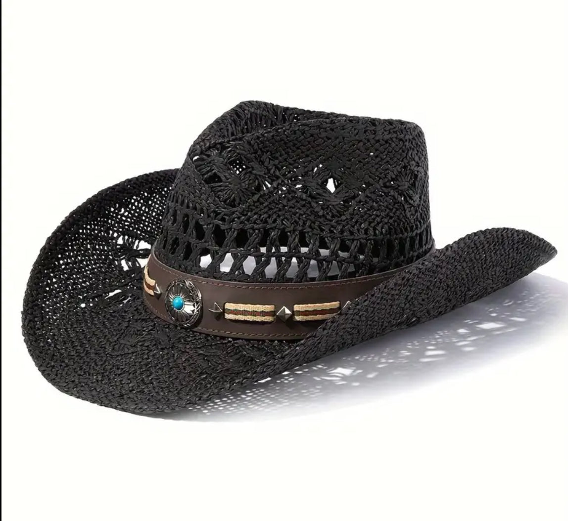 Sombrero de vaquero de paja trenzada de ala ancha, sombrero de vaquera occidental para hombres y mujeres