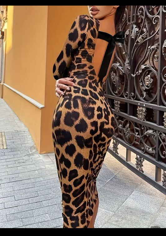 Vestido sexy con estampado de leopardo y espalda anudada, manga larga