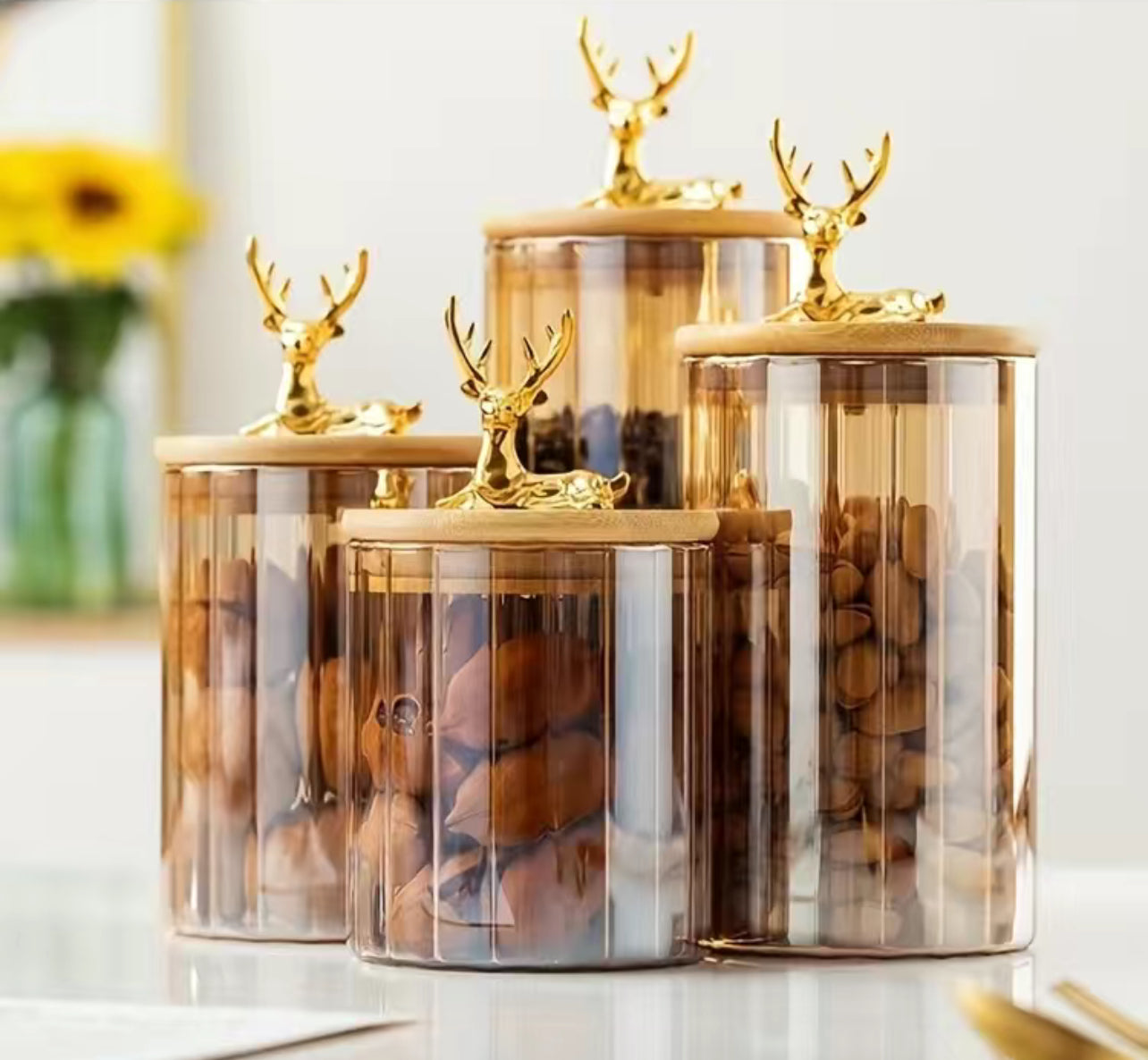 1pc Deer Head Glass Canisters, Champagne Gold