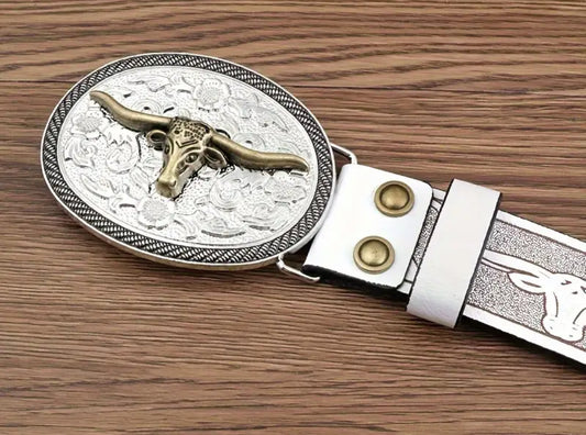 1pc White Vintage Western Bull Head Buckle Pu Leather Belt Embossed