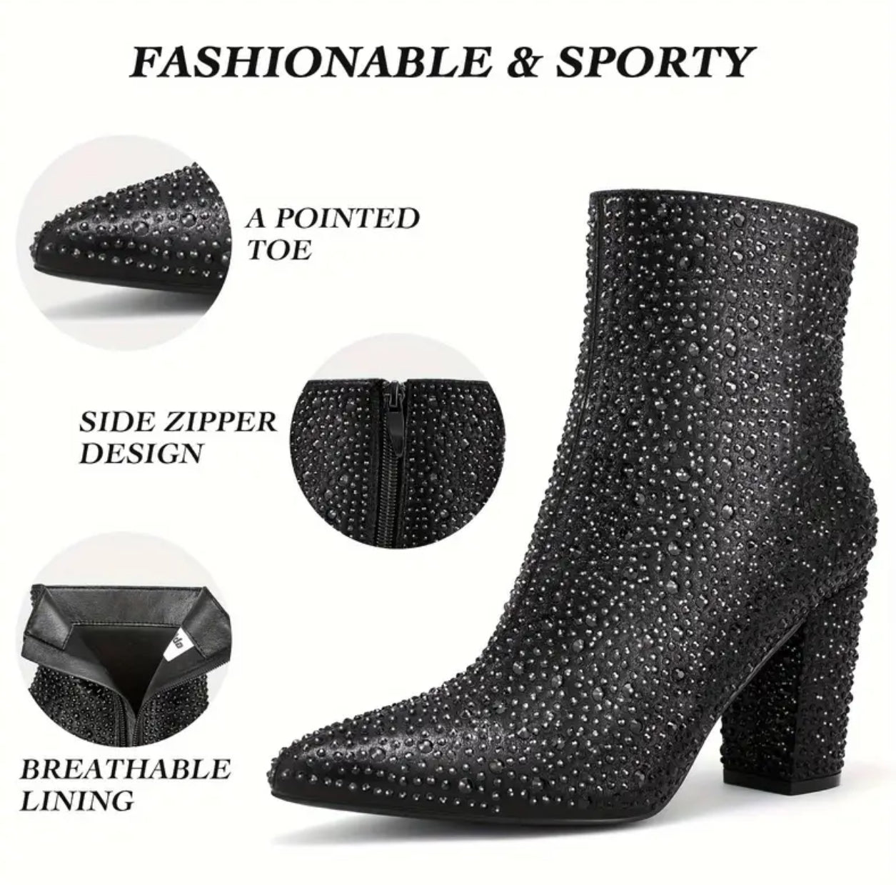 Rhinestone Ankle, Pointed Toe Chunky Heel Boots, Women/Teen