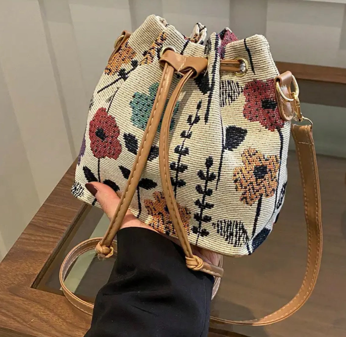 “Elegant Flower” Mini Drawstring, Fabric, Crossbody Bag