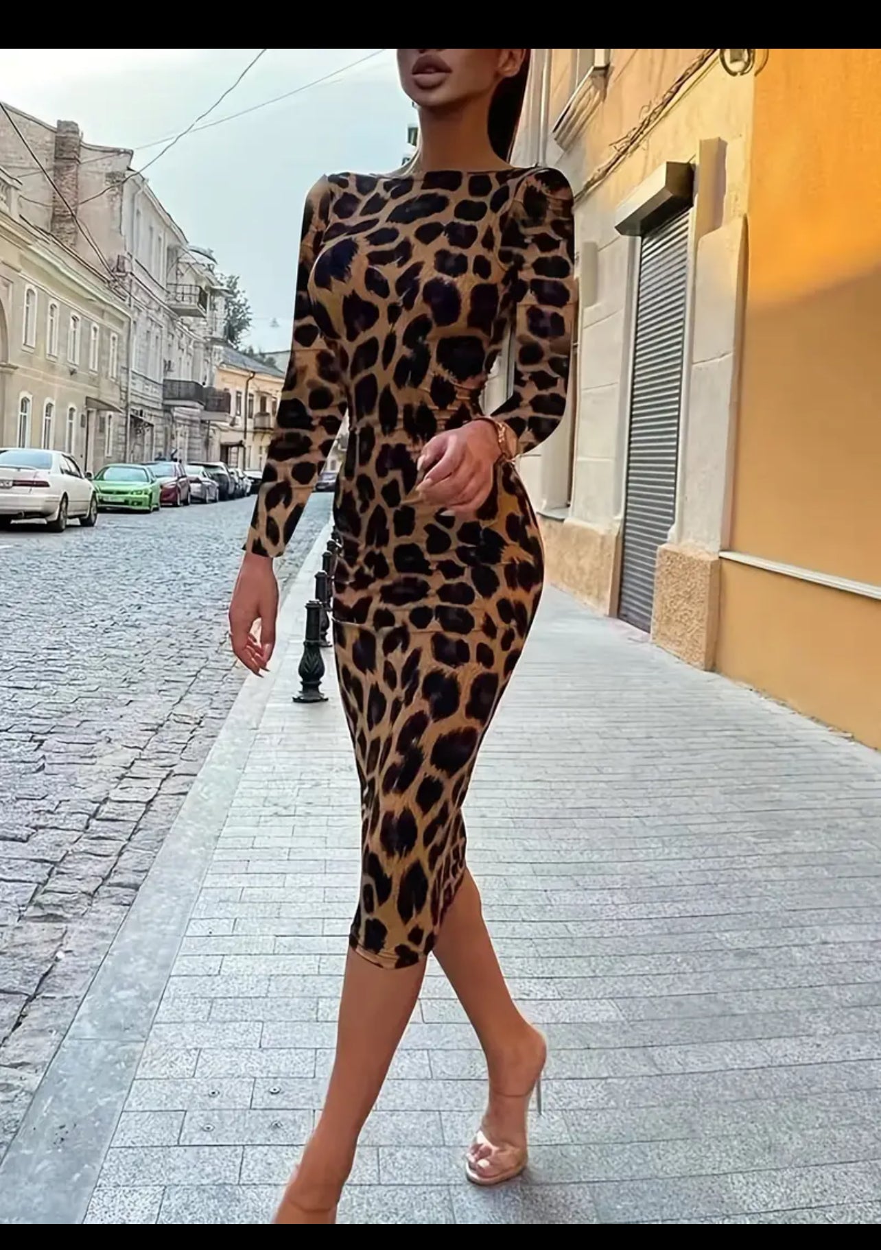 Vestido sexy con estampado de leopardo y espalda anudada, manga larga