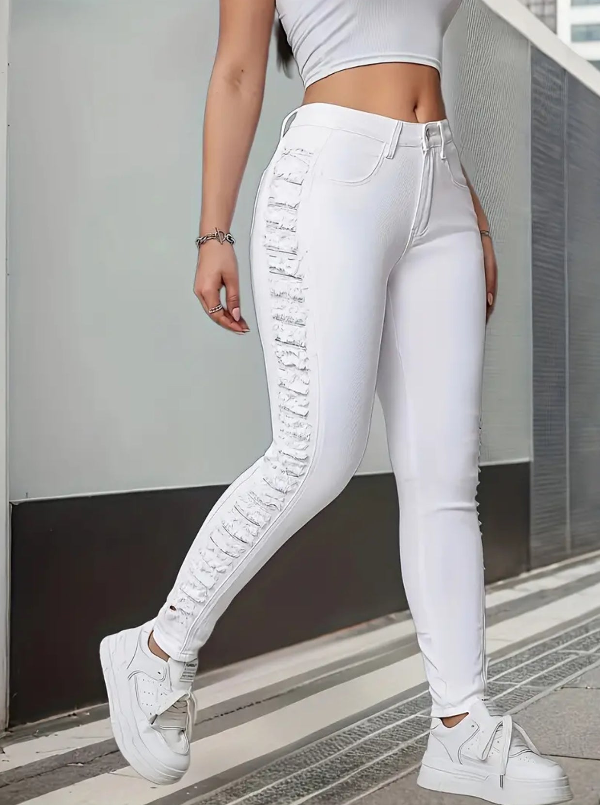 Slimming High-Waist Skinny Jeans, Stretch, Distressed Casual Style