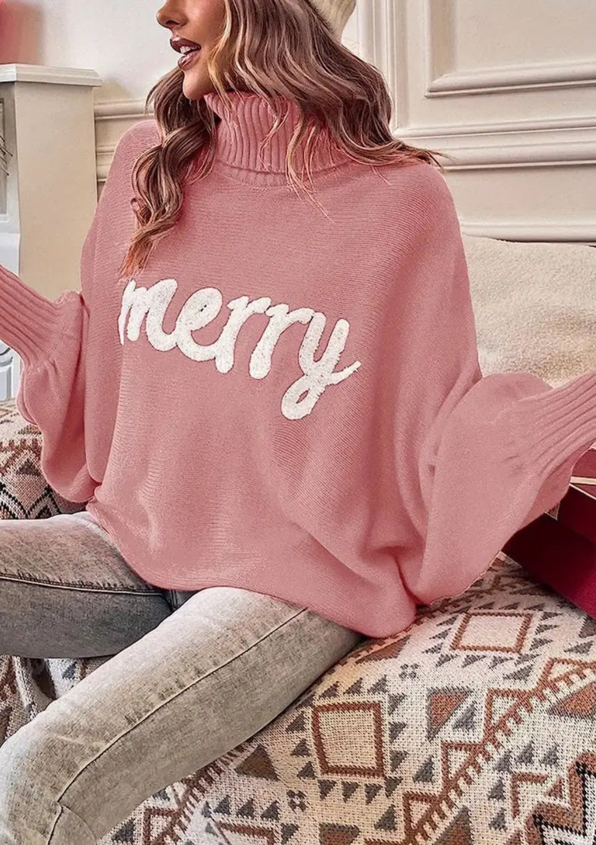 “Merry” Long Sleeve Turtleneck Merry Letter Embroidery Chunky Knit Sweatshirt Casual Loose Pullover