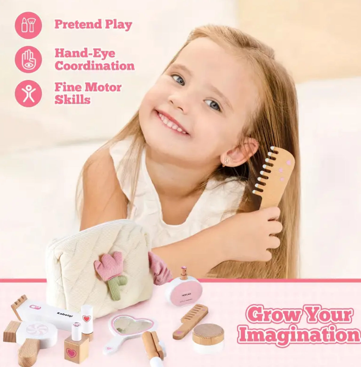 Wooden Makeup Kit, Pretend Play Beauty Salon,Cosmetics and Storage Bag Age 3+