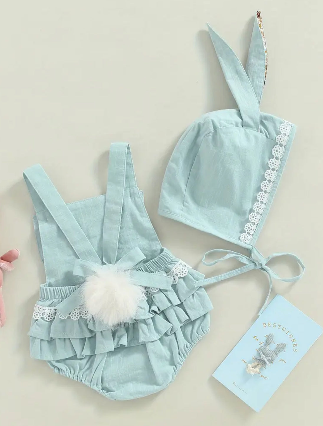 Girls ‘Bunny’ Rabbit Ears+ Ruffles One-Piece Bib Onesie