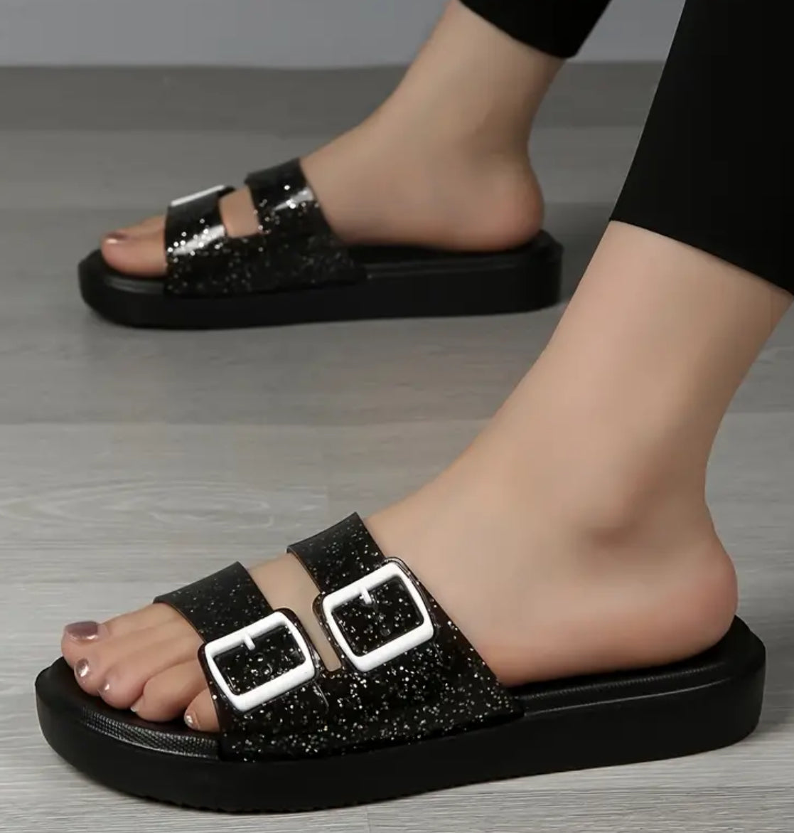 “Touch Of Glitter” Platform Slip On Double Buckle Platform Sandals