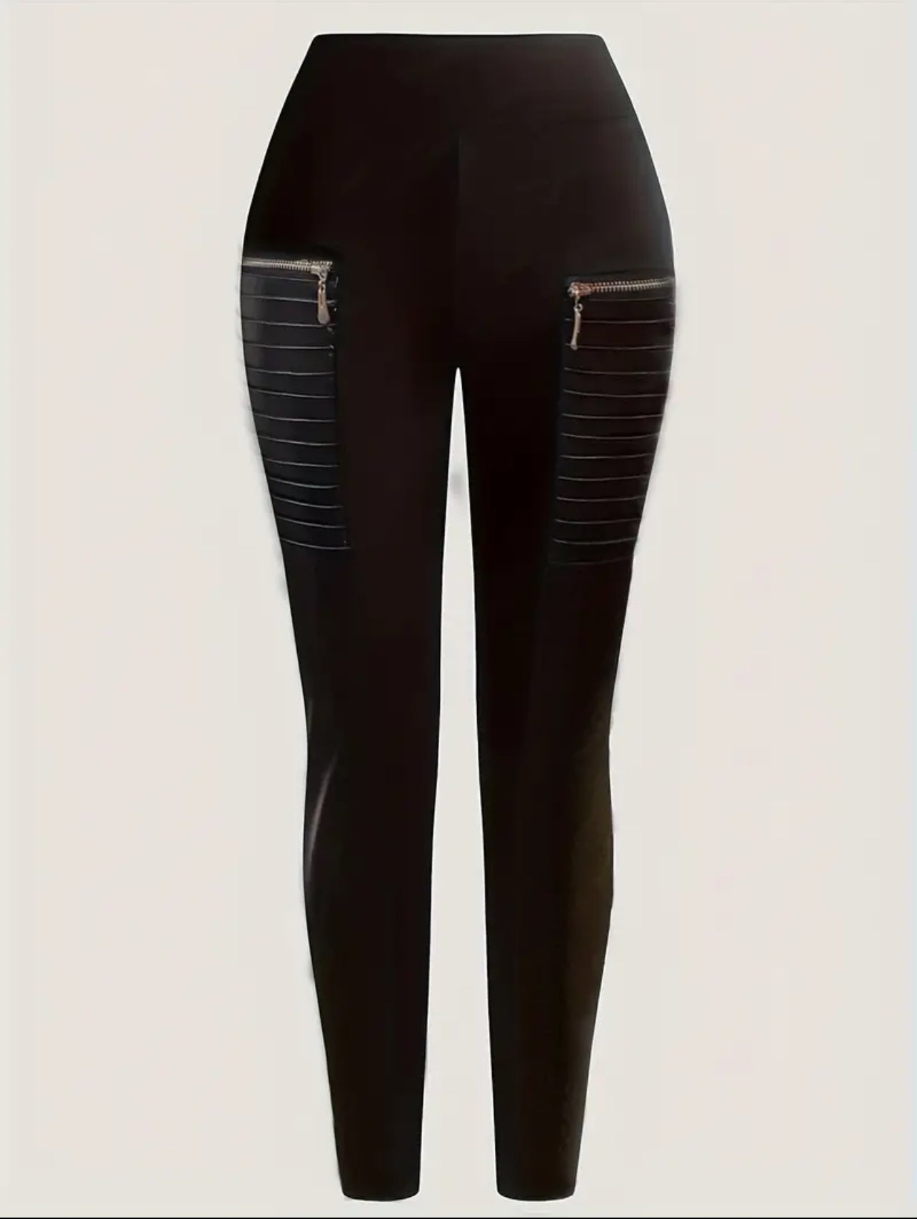 Solid Black Faux Leather Skinny, Zipper Design Pants