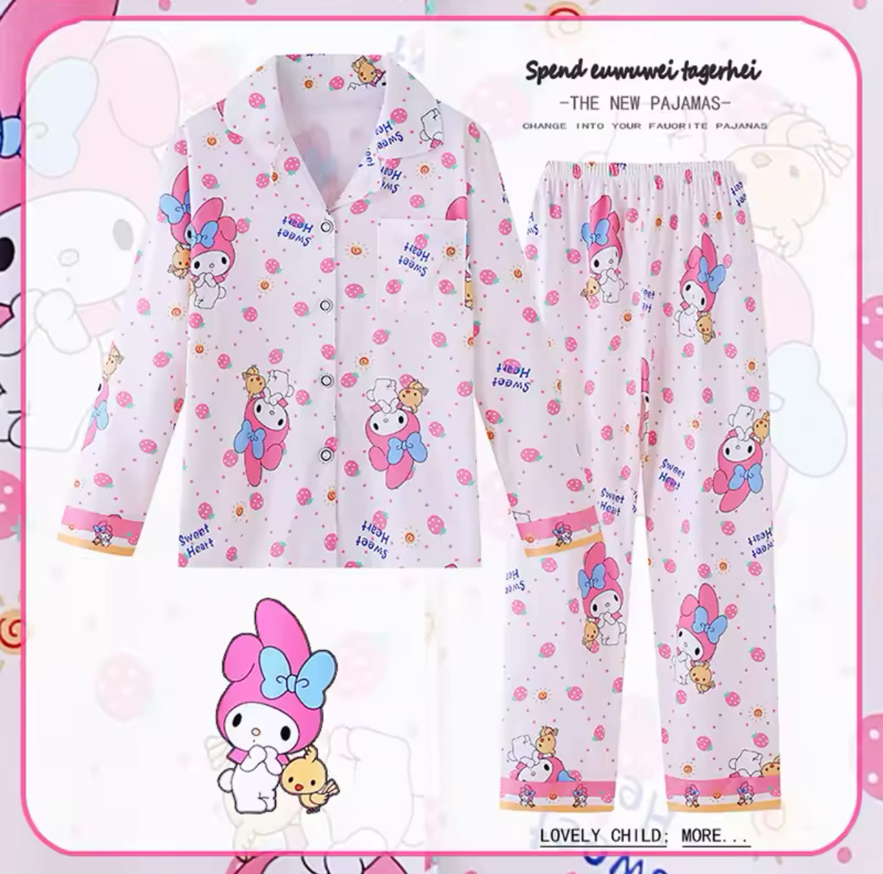 2pcs Kids “Hello Kitty & Friends” Pajamas, Long Sleeve Top & Pants Set, Loungewear