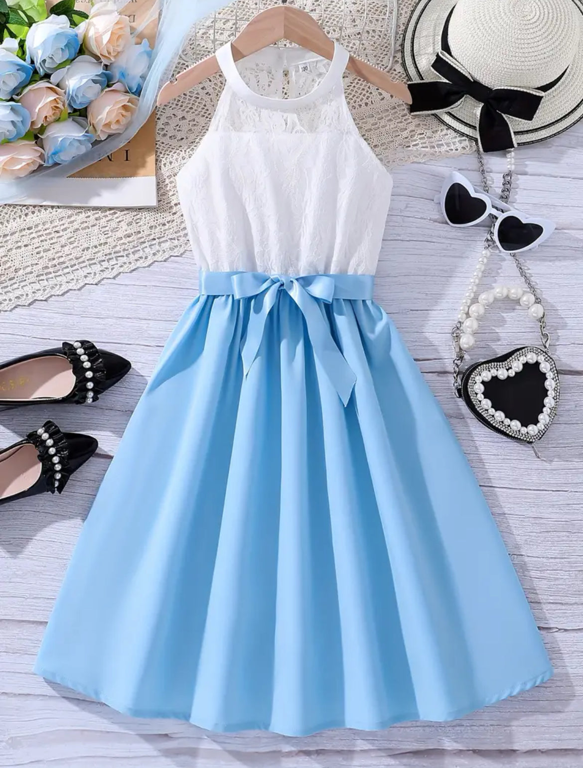 Elegant Girls Halter Neck Sleeveless Dress With Bow Belt