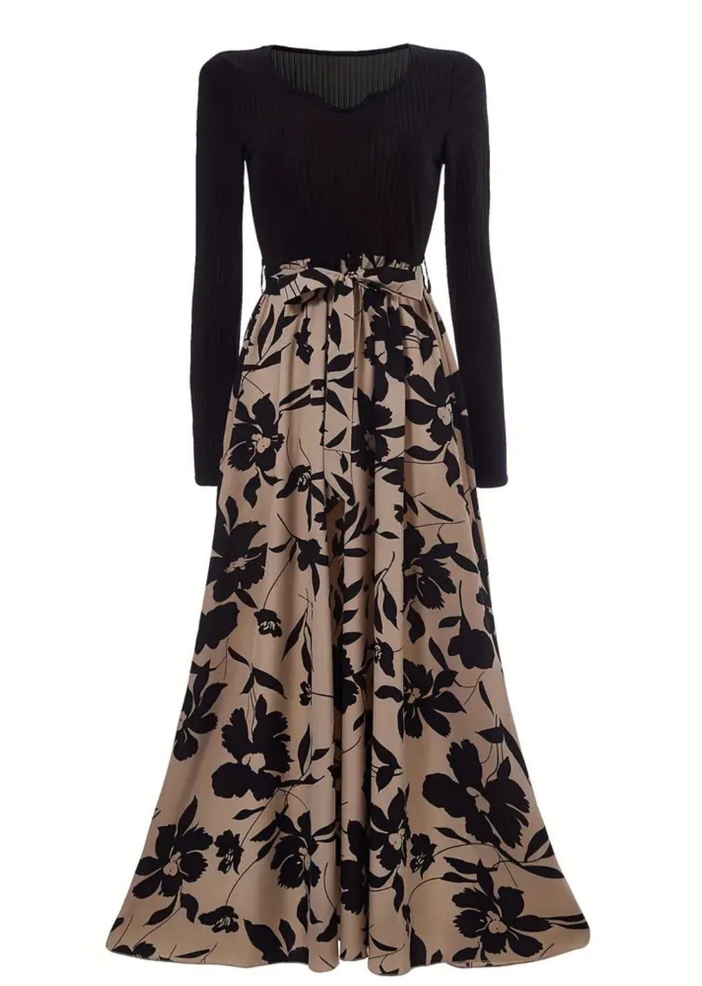 “Tall Elegance” Floral Print Splicing Dress, Casual Long Sleeve Maxi Dress