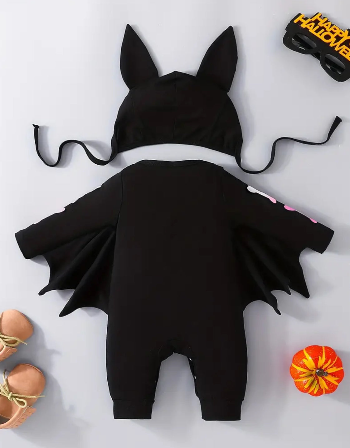 Halloween Outfit - Bat Shape Skull Print Long Sleeve Romper + Hat, Baby Dress Up