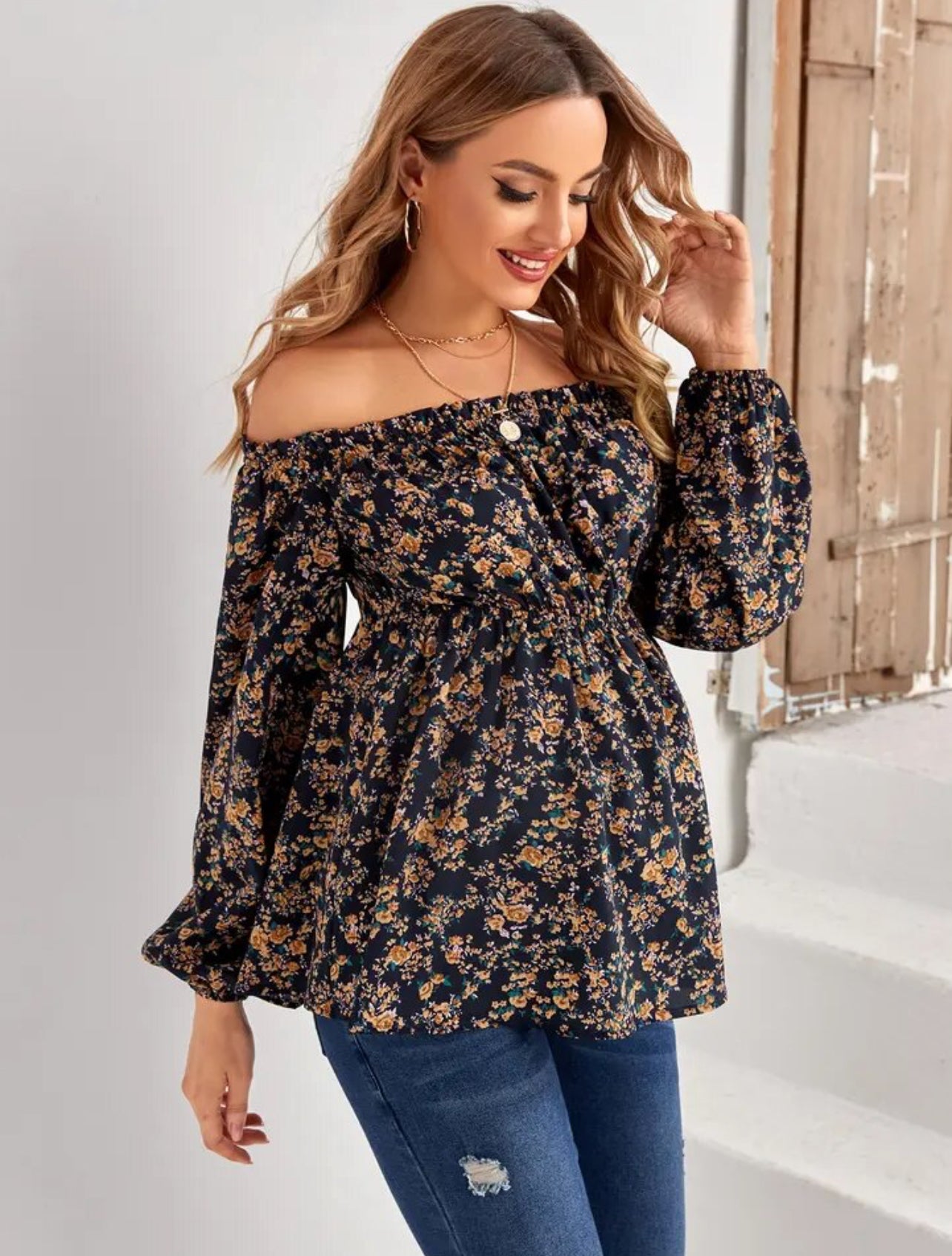 Blusa de manga larga con hombros descubiertos y flores para maternidad para mujer