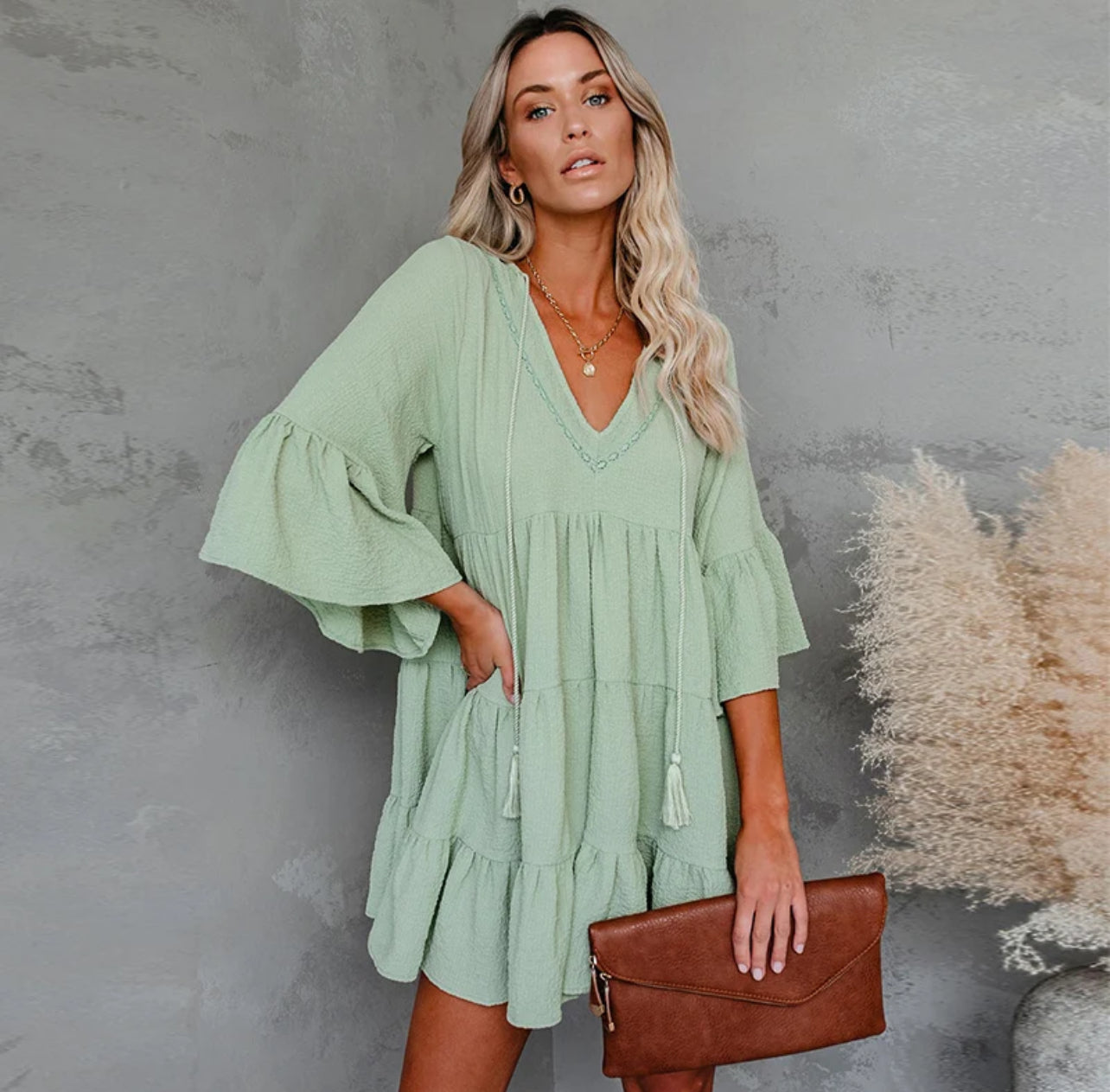 Sweet Short Flare Sleeve V-neck, Chiffon Dress